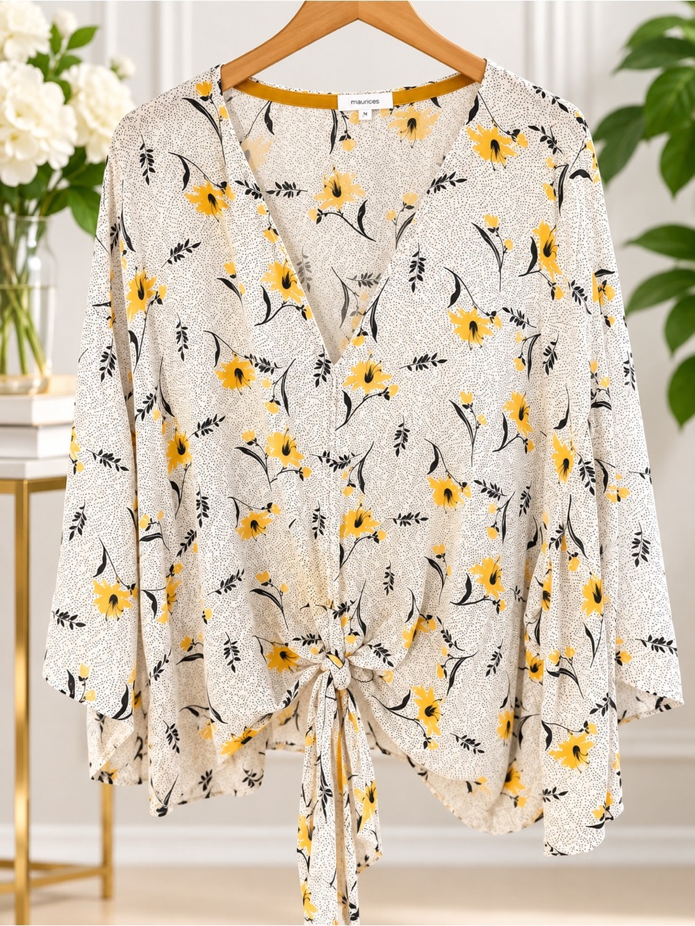 Maurices Cream Blouse with Yellow Floral Print and Tie Front